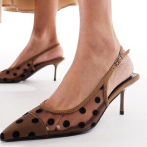 Glamorous Brown Mesh Polka Dot Slingback Heels – Size 8 (NIB)